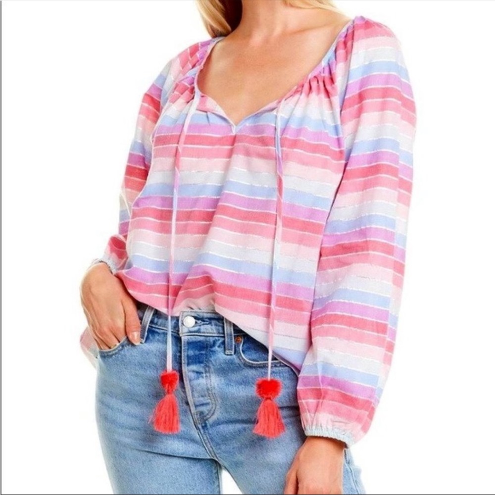 J. Crew Pink Red Purple Striped Metallic Pom Pom Tassel Tie Peasant Blouse